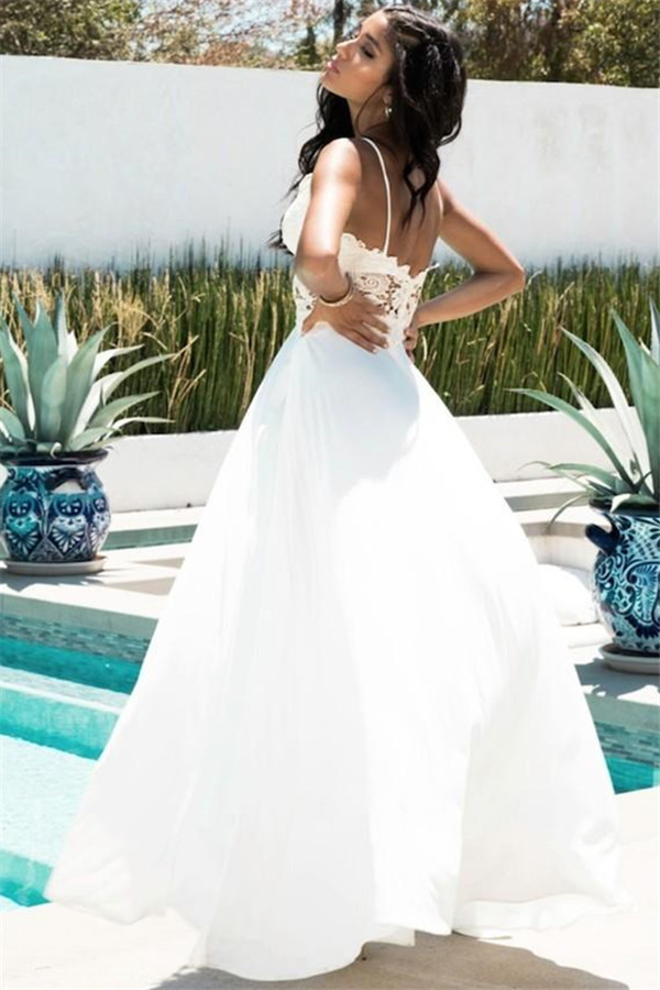 Glamorous Spaghetti-Straps Side-Slit Prom Dresses | New Arrival White Open-Back Evening Gowns-newarrivaldress