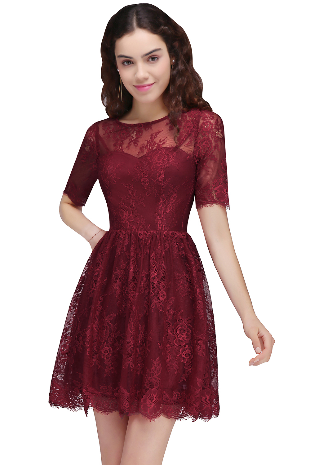 BRITTANY | A-Line Round Neck Short Lace Burgundy Homecoming Dresses-newarrivaldress