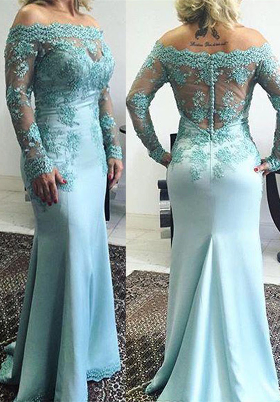 Delicate Lace Appliques Off-the-shoulder Long Sleeve Mermaid Zipper Prom Dress-newarrivaldress