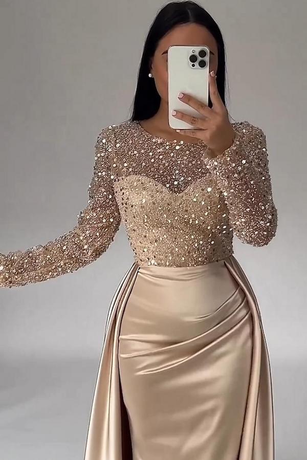 Gorgeous Long Sleeves Satin Mermaid Prom Dress Jewel Neck Glitter Sequins Evening Dress with Train-newarrivaldress