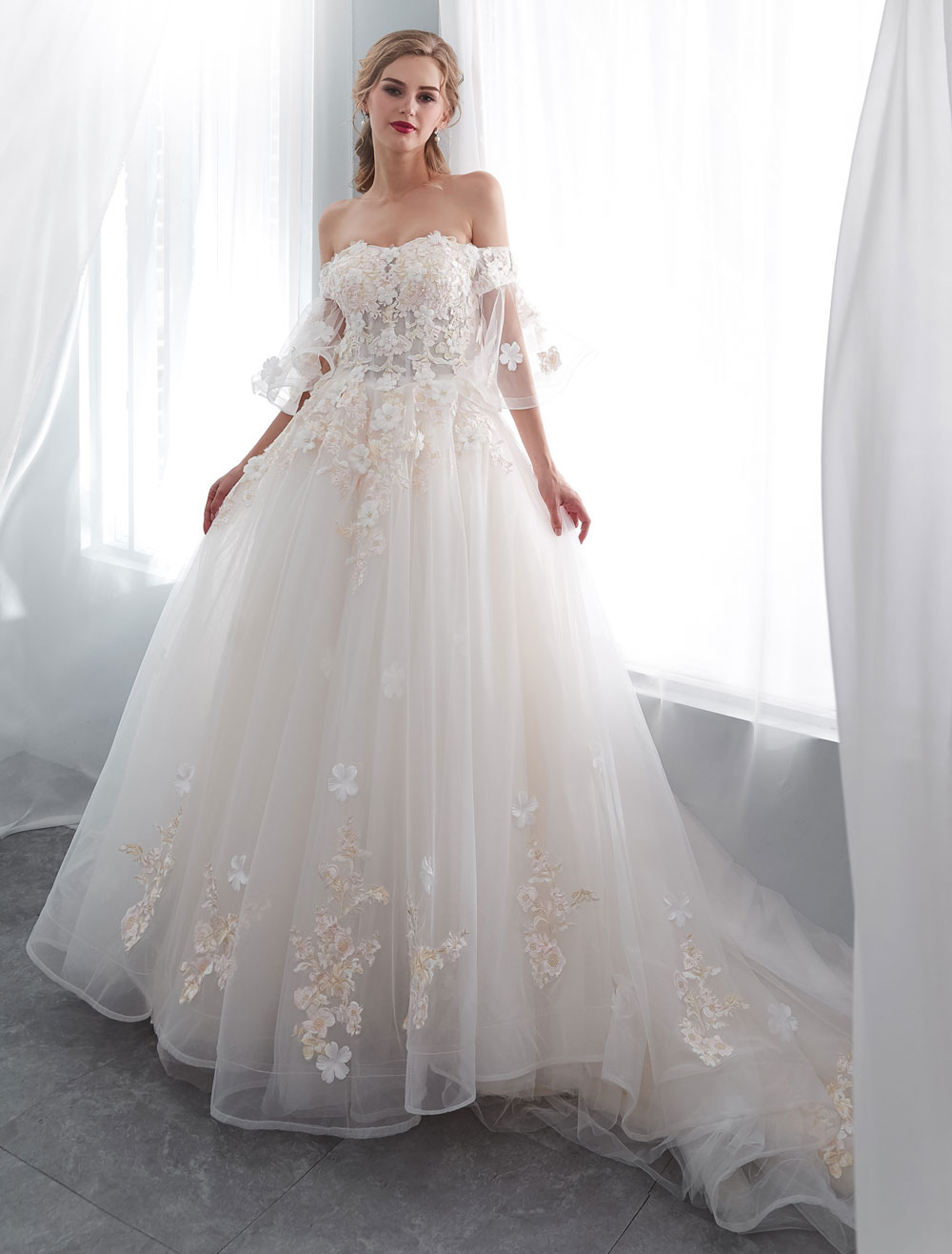 Princess Wedding Dresses Half Sleeve Off Shoulder Lace Flowers Pearls Applique Ivory Bridal Dress With Train-newarrivaldress