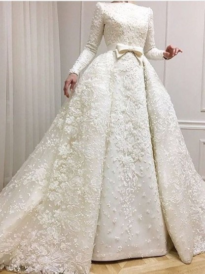 Muslim Lace Appliques Jewel Ball Gown Bridal Dress | Luxury Beaded Overskirt Long Sleeve Wedding Dresses Online-newarrivaldress