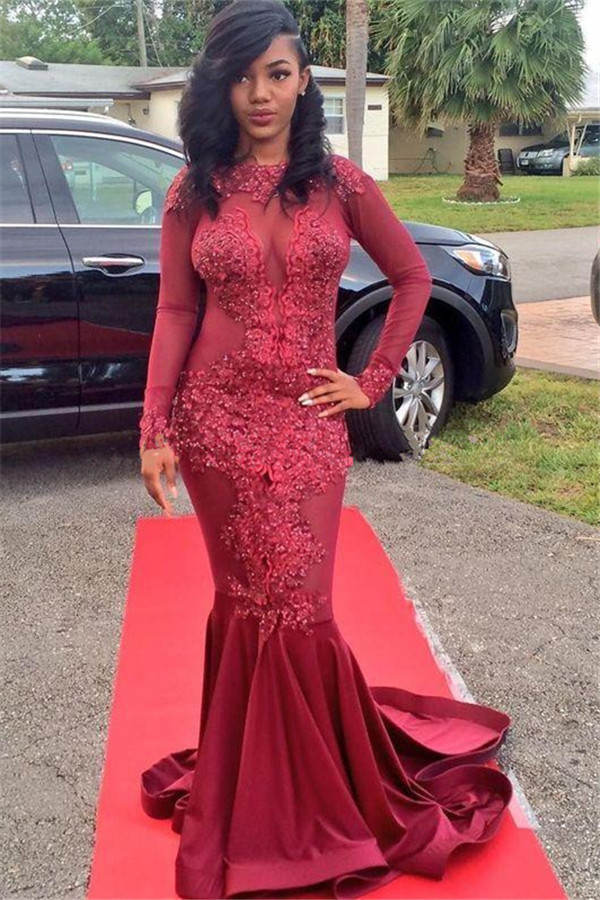 Stylish Round Neck Appliques Long Sleeves Mermaid Prom Dress-newarrivaldress