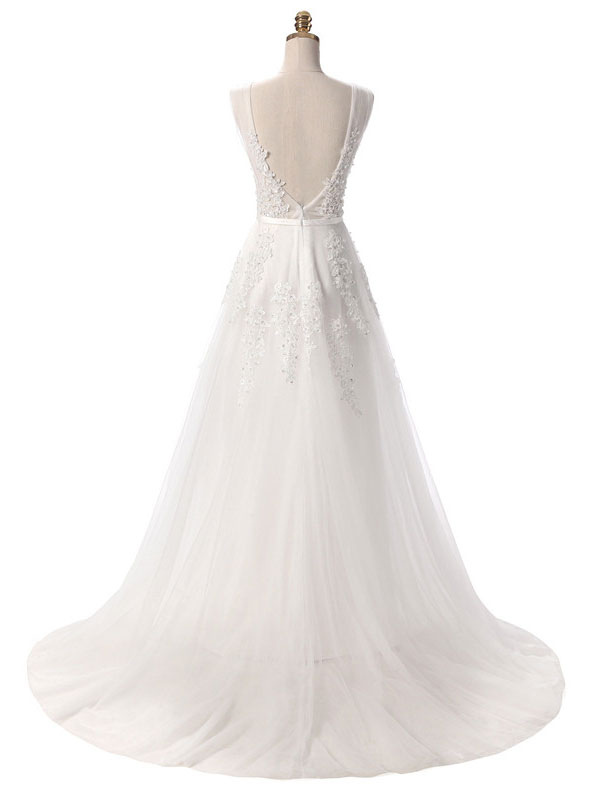 Prom Dress V Neck A Line Sleeveless Floor Length Lace Applique Party Dresses-newarrivaldress
