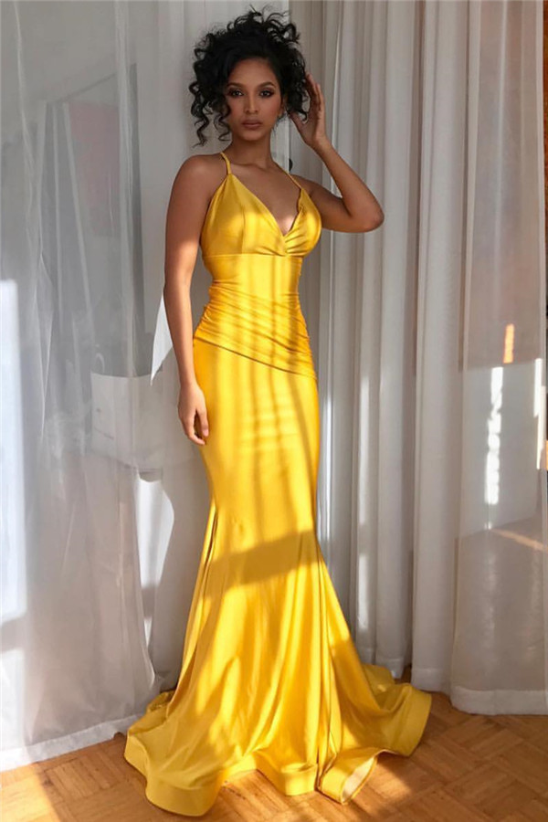 Yellow Spaghetti-Straps V-Neck Ruffle Sexy Mermaid Evening Gown-newarrivaldress
