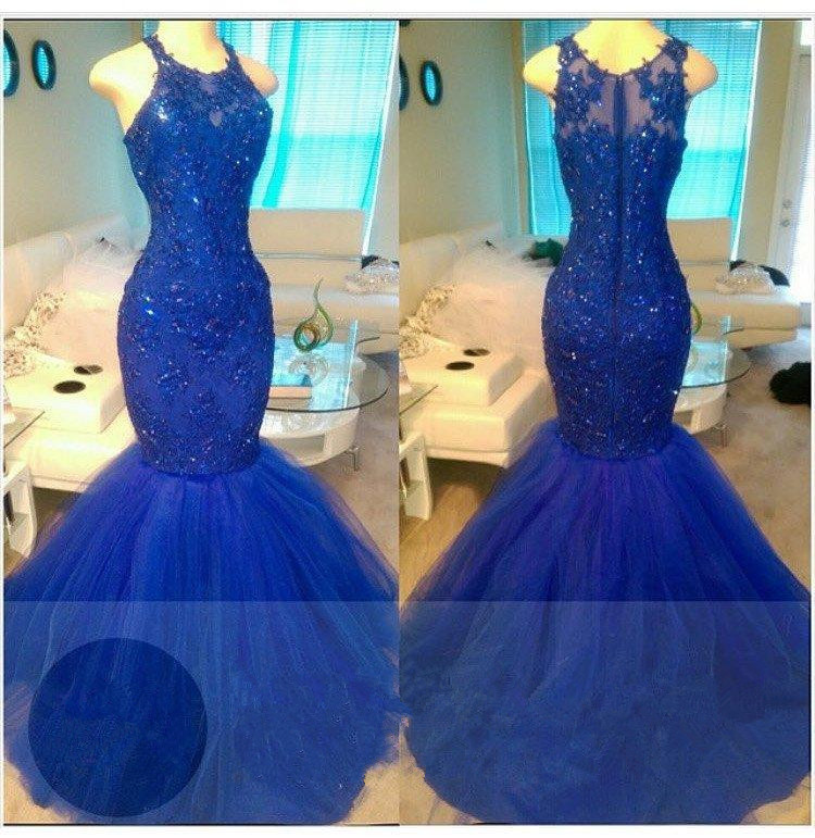 Elegant Mermaid Sleeveless Tulle Beads Royal Blue Appliques Evening Dresses-newarrivaldress