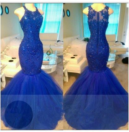 Elegant Mermaid Sleeveless Tulle Beads Royal Blue Appliques Evening Dresses-newarrivaldress