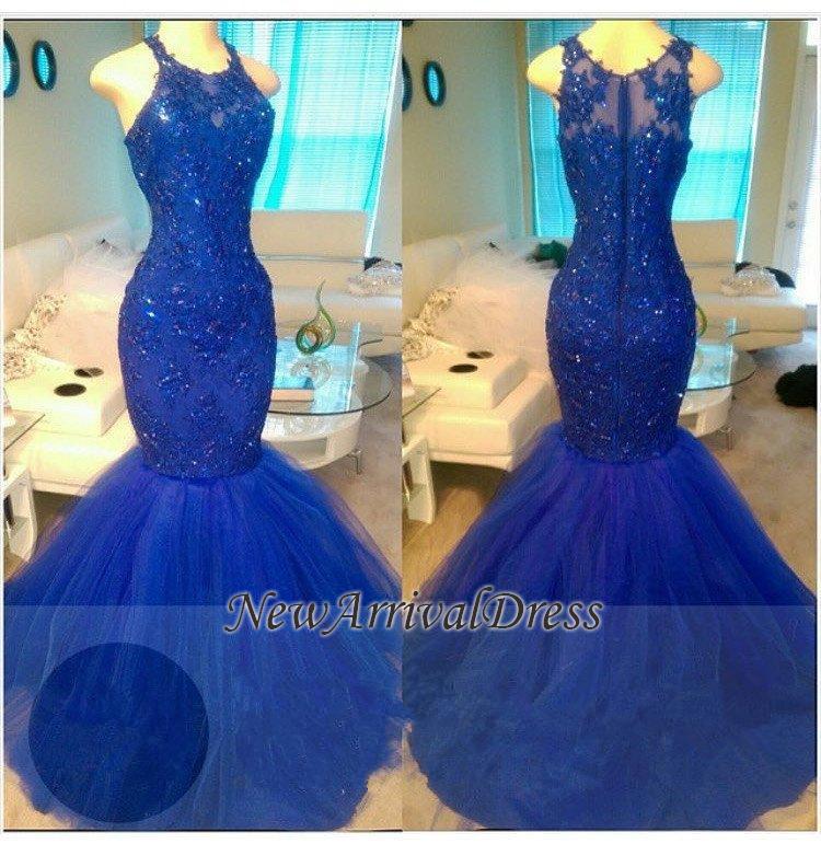 Elegant Mermaid Sleeveless Tulle Beads Royal Blue Appliques Evening Dresses-newarrivaldress