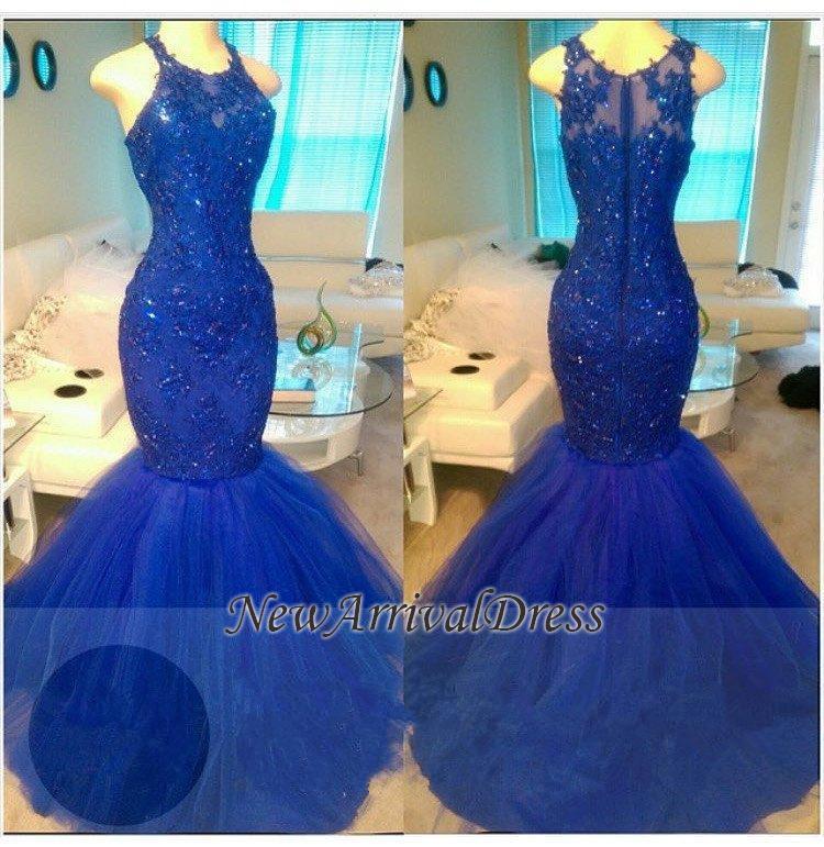 Elegant Mermaid Sleeveless Tulle Beads Royal Blue Appliques Evening Dresses-newarrivaldress
