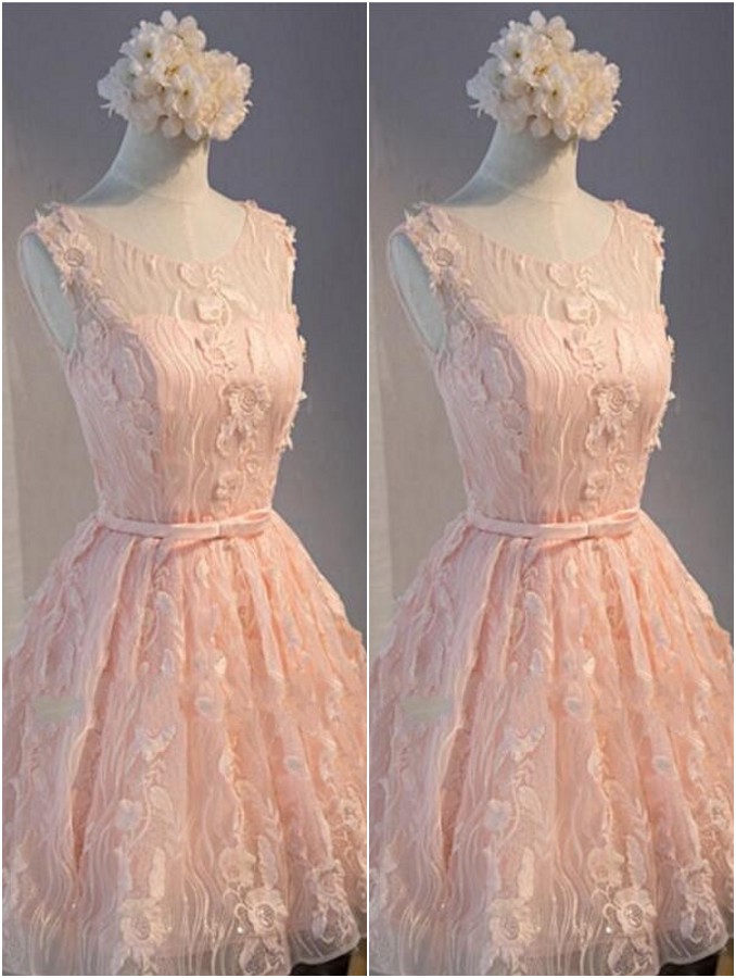 Appliques Homecoming Bows Short Sleeveless Sashes Custom Made A-line Mini Dresses With Scoop Cocktail Dresses-newarrivaldress