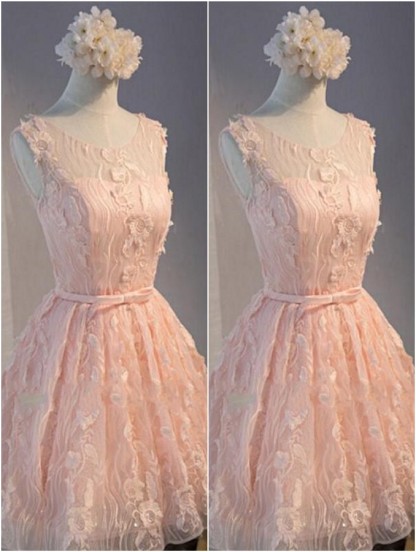 Appliques Homecoming Bows Short Sleeveless Sashes Custom Made A-line Mini Dresses With Scoop Cocktail Dresses-newarrivaldress