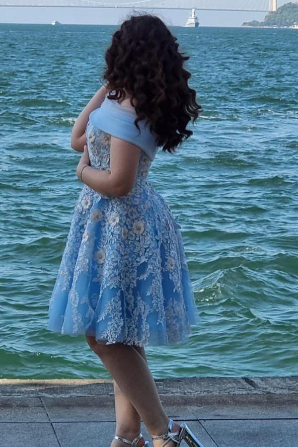 Off-the-Shoulder Tulle Flower Short Party Dress Elegant Cocktail Dress Knee Length-newarrivaldress