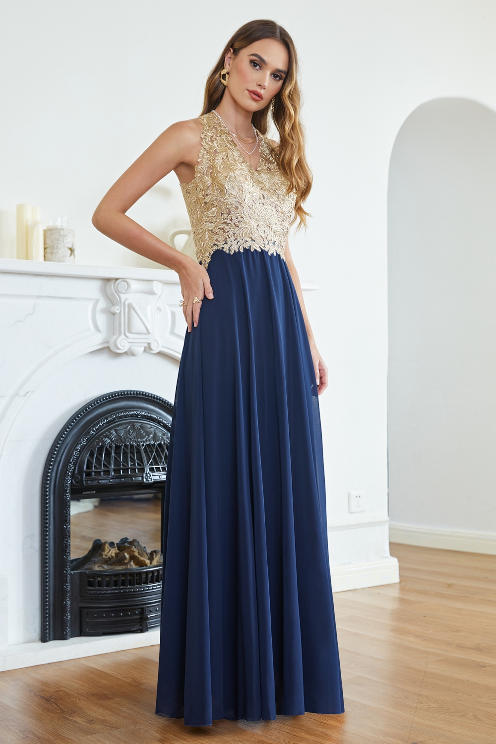 Chiffon Long Evening Dress Sleeveless Gold Appliques Floor Length Bridesmaid Dress V-neck-newarrivaldress
