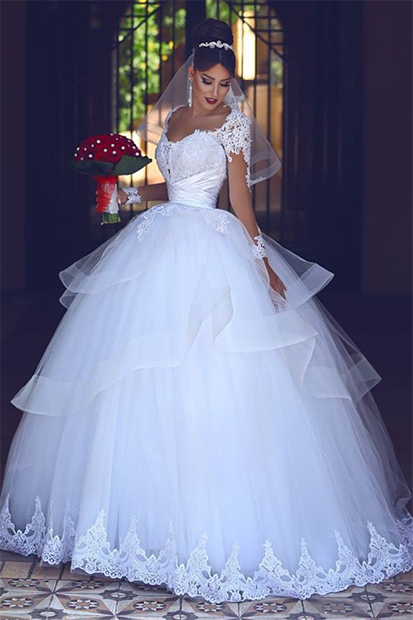 Lace Tulle Puffy Wedding Dresses Long Sleeves 2021 | Sheer Tulle Ball Gown Bridal Gowns-newarrivaldress
