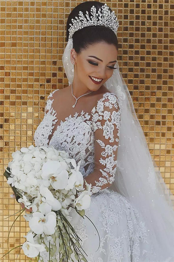 Luxury Beaded Mermaid Wedding Dresses with Sleeves | Illusion Tulle Lace Appliques Bridal Dresses-newarrivaldress