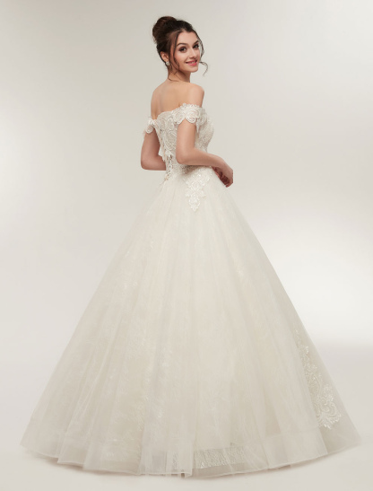 Princess Wedding Dresses Off The Shoulder Ivory Bridal Dresses Lace Applique Tulle Floor Length Ball Gowns-newarrivaldress