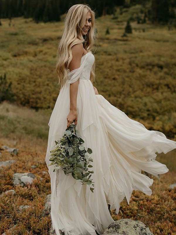 Sexy Off The Shoulder Bridal Gowns Sexy | Chiffon Ruched Floor Length Sleeveless Wedding Dresses-newarrivaldress
