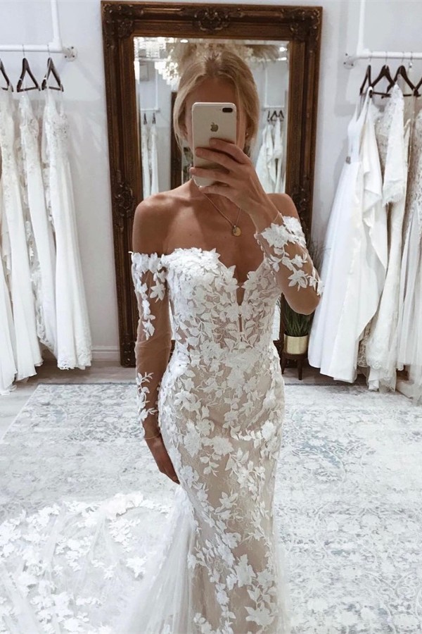 Stylish Off Shoulder Long Sleeves Floral Lace Mermaid Wedding Dress-newarrivaldress