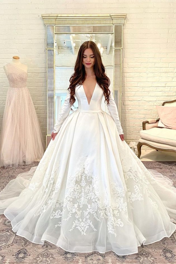 Goegeous V-Neck A-line Bridal Gowns Long Sleeve Satin Wedding Dress Lace Appliques-newarrivaldress