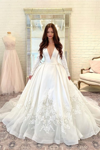 Goegeous V-Neck A-line Bridal Gowns Long Sleeve Satin Wedding Dress Lace Appliques-newarrivaldress