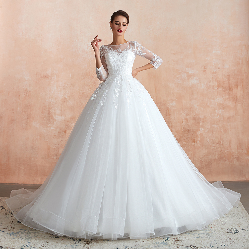 Elegant 3/4 Sleeves Aline Wedding Dress Tulle Lace Appliques Bridal Dress-newarrivaldress