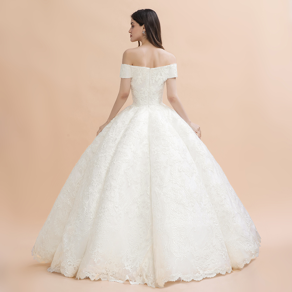 Ivory Off Shoulder Lace Appliques A-line Ball Gown Tulle Wedding Dress-newarrivaldress