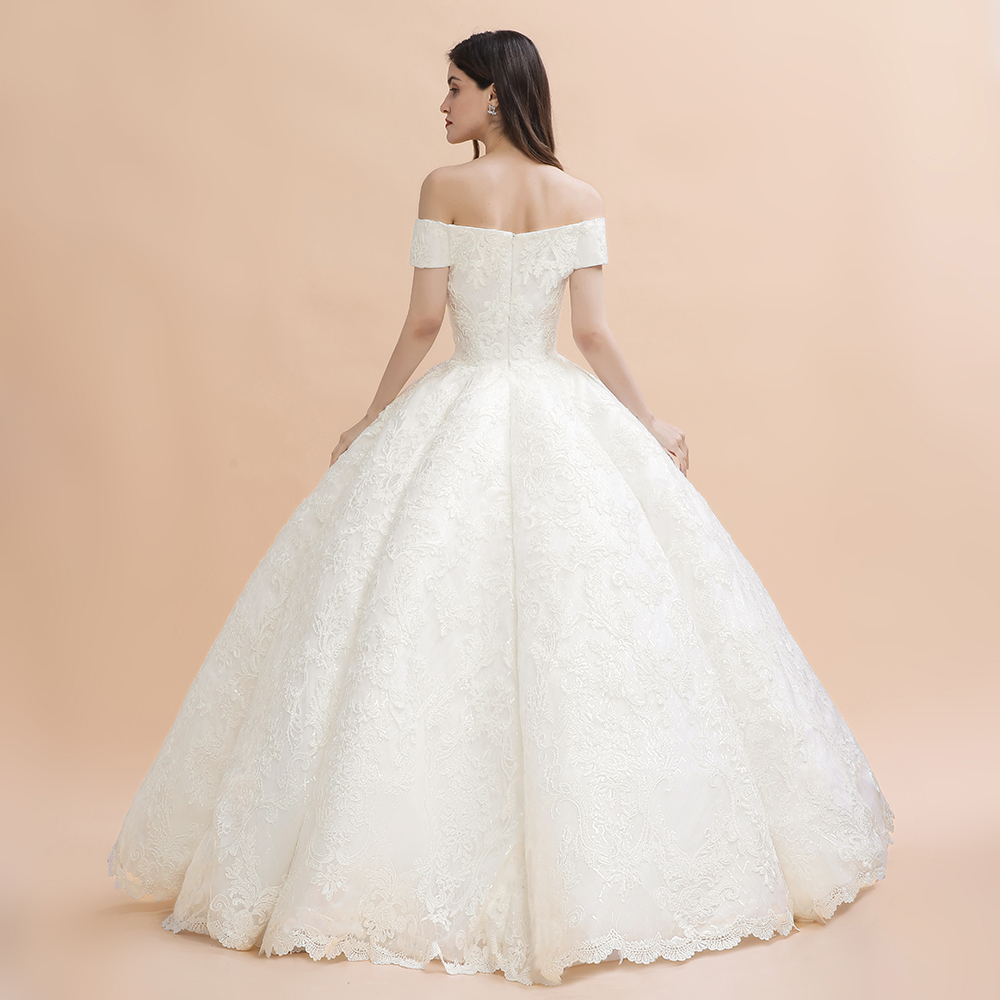 Ivory Off Shoulder Lace Appliques A-line Ball Gown Tulle Wedding Dress-newarrivaldress