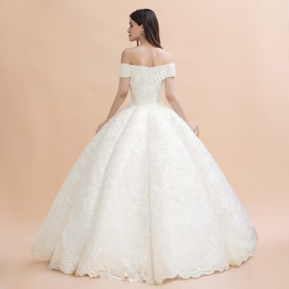 Ivory Off Shoulder Lace Appliques A-line Ball Gown Tulle Wedding Dress-newarrivaldress