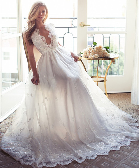 A-Line Sleeveless Gorgeous Princess Lace Custom Made V-Neck Wedding Dresses-newarrivaldress