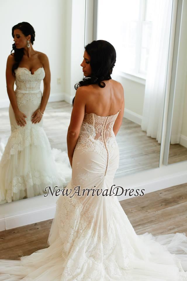 Mermaid Custom Made Tulle Tiered Buttons Sweetheart Elegant Wedding Dresses-newarrivaldress