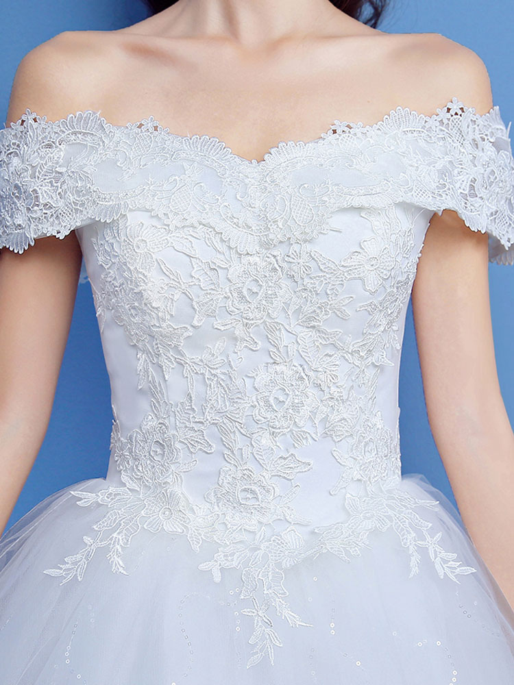 Ball Gown Wedding Dress Princess Silhouette Floor-Length Bateau Neck Short Sleeves Applique Tulle Bridal Gowns-newarrivaldress