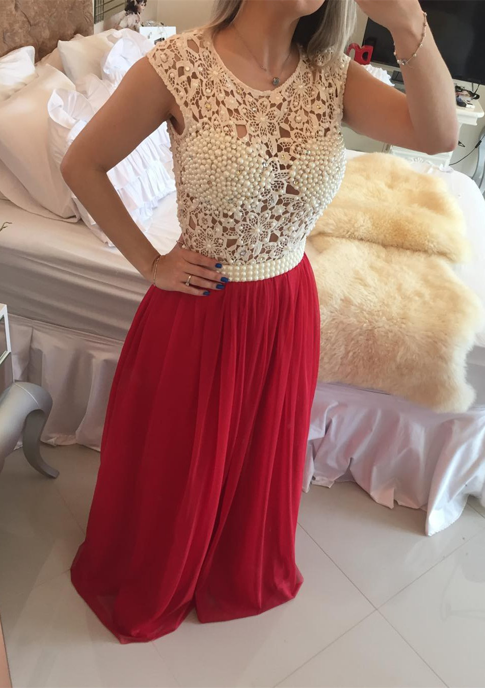 Gorgeous Red Pearls Lace Prom DressesLong Chiffon BT0-newarrivaldress