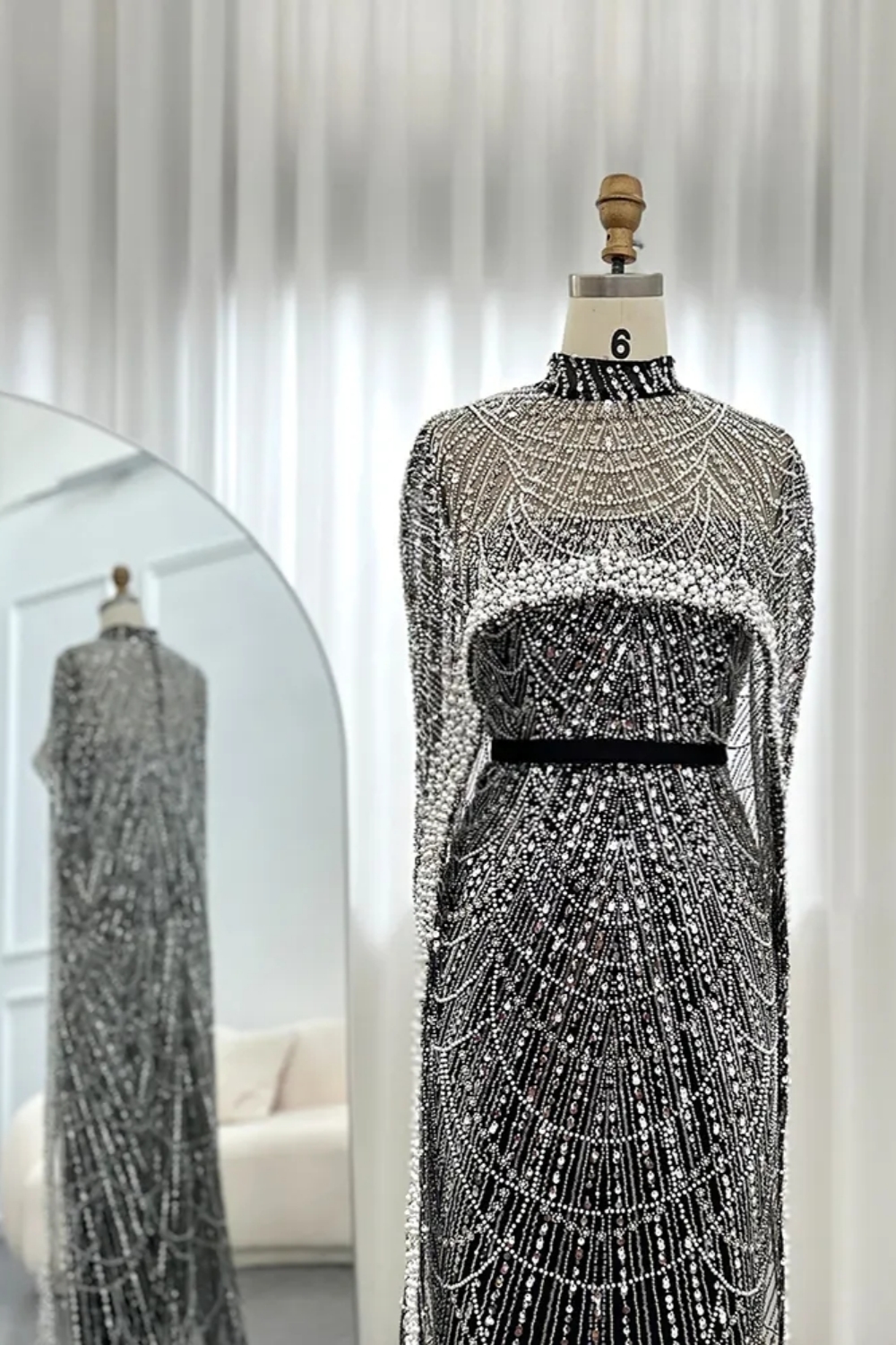 Luxury Sequins Dubai Mermaid Evening Dress with Cape Glitter Pearls Floor Length Party Dress-newarrivaldress
