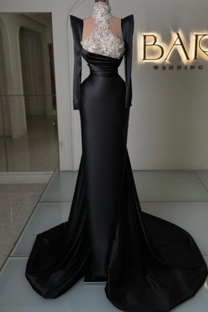 Luxury High Neck Black Satin Long Evening Dress with Sleeves Lace Appliques Prom Dresses-newarrivaldress