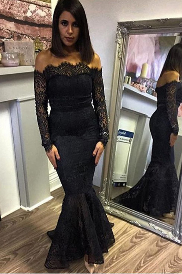 Off-shoulder Elegant Lace Black Prom Dress | Long Sleeve Prom Dress-newarrivaldress