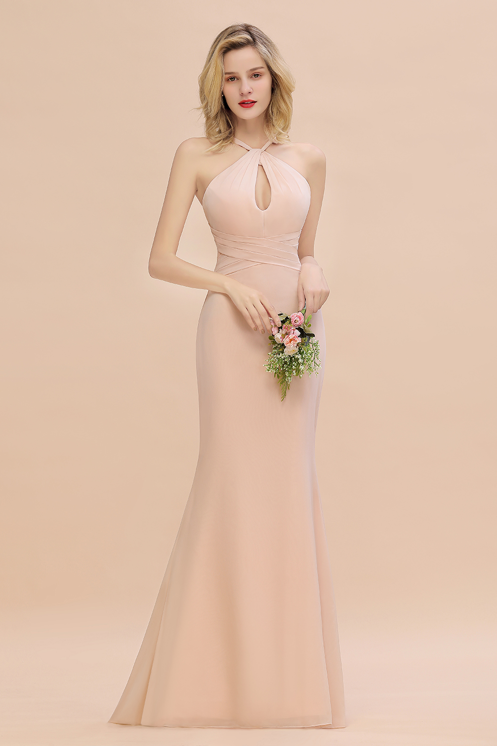 Chic Keyhole Champagne Chiffon Mermaid Long Bridesmaid Dresses-newarrivaldress