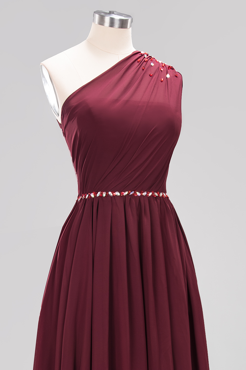 Elegant A-Line Burgundy Chiffon One-Shoulder Sleeveless Ruffles Floor-Length Bridesmaid Dresses with Beadings-newarrivaldress