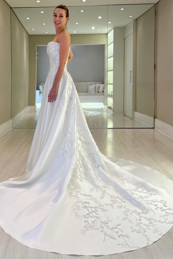 Strapless White Satin Wedding Dresses Floral Lace A-line Bridal Dress-newarrivaldress