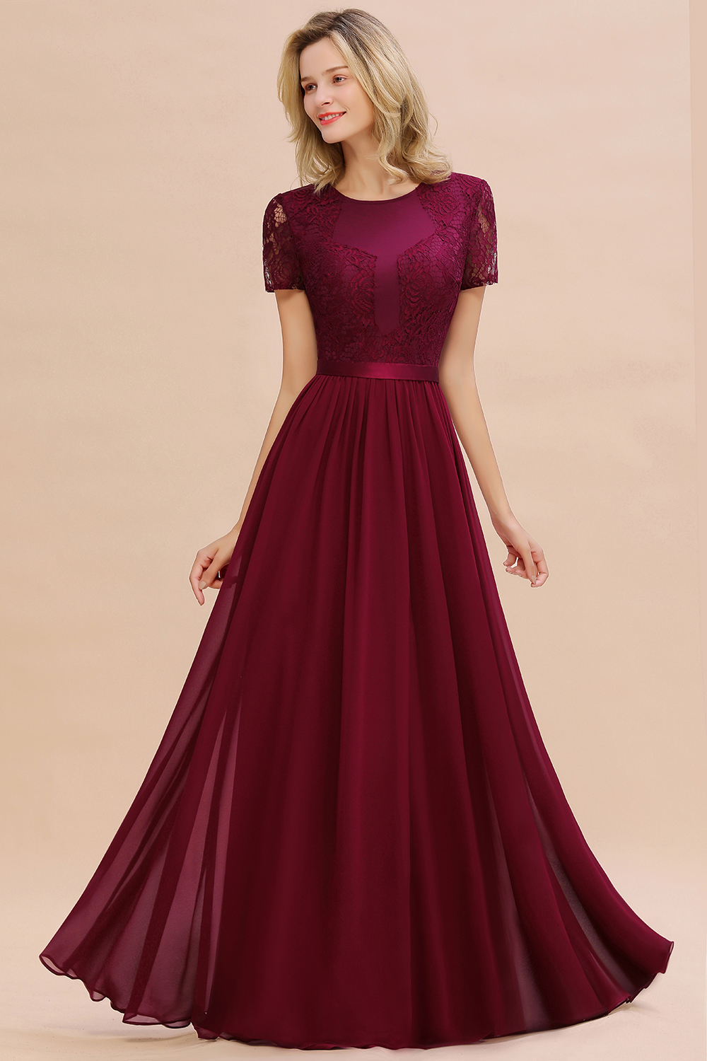 Elegant Chiffon Lace Jewel Short-Sleeves Bridesmaid Dress Floor-Length A-Line Wedding Guest Dress-newarrivaldress