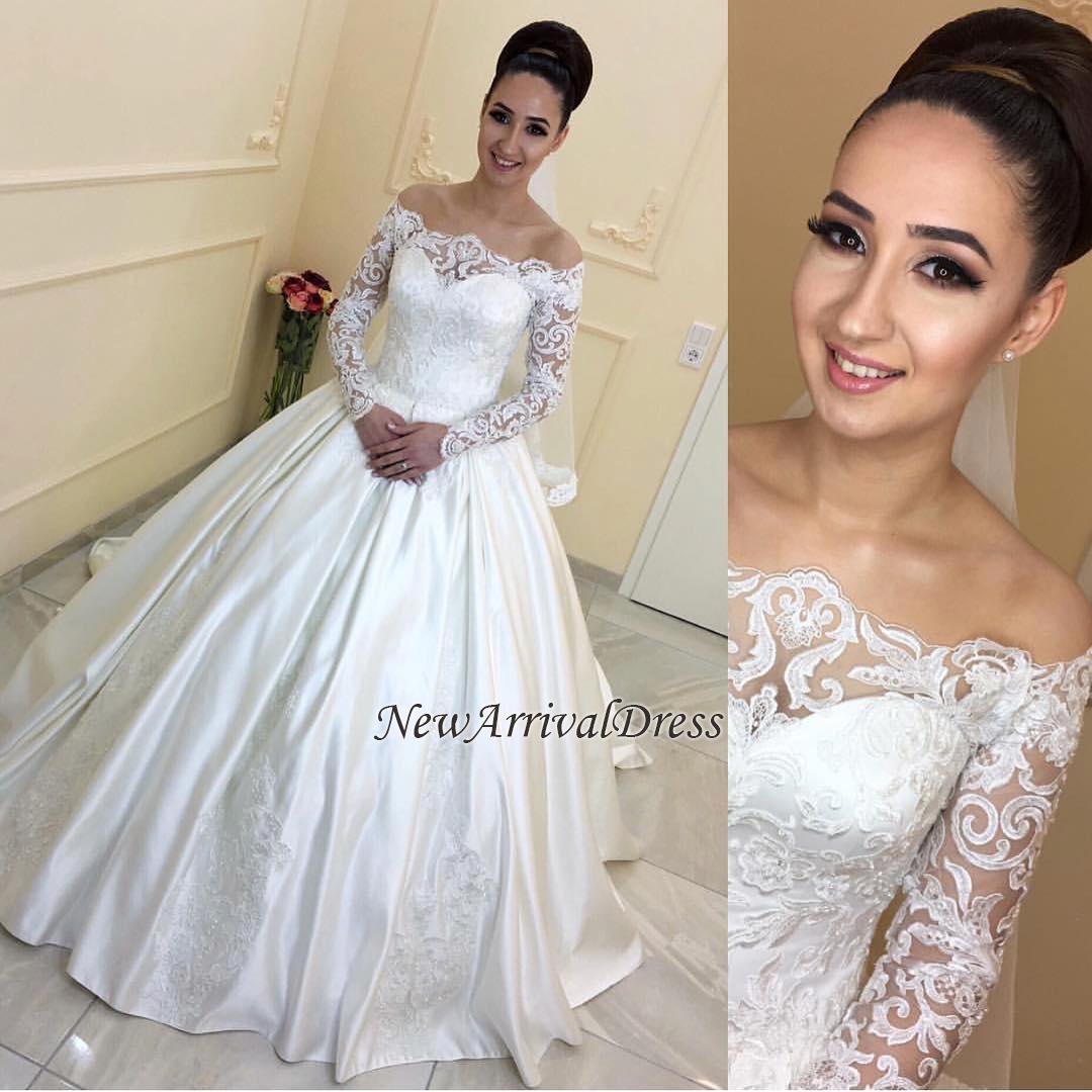 Lace Appliques Off The Shoulder A-line Elegant Long Sleeve Online Sweep Train Wedding Dresses-newarrivaldress