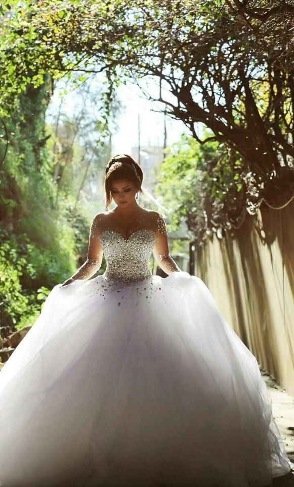 Sweetheart Crystalss Ball Gown Wedding Dress See Through Long Sleeve -up Princess Chapel Train Wedding Gowns-newarrivaldress