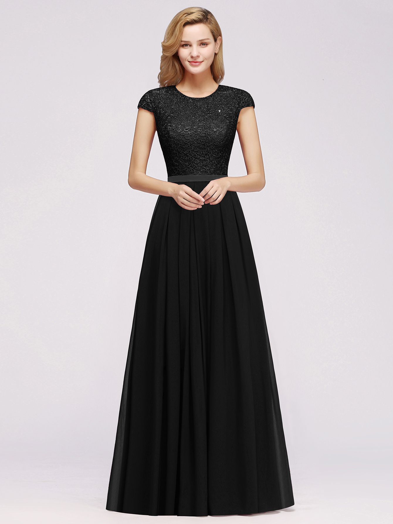 Cap Sleeves Chiffon Aline Bridesmaid Dresses Floral Lace Floor Length Special Occasion Dress-newarrivaldress