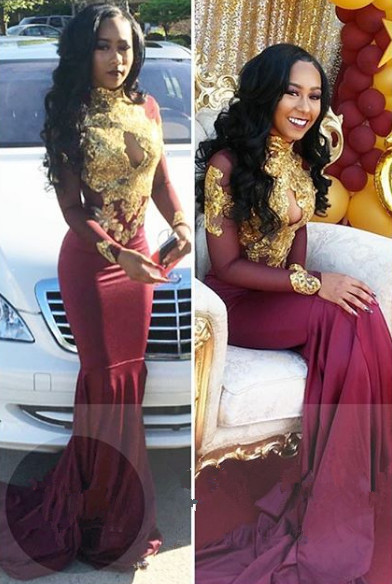 Burgundy long sleeve lace prom dress, mermaidevening gowns BA4987-newarrivaldress