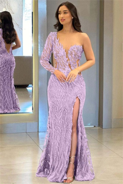One Shoulder One Long Sleeve Backless Mermaid Split Prom Dress With Appliques
