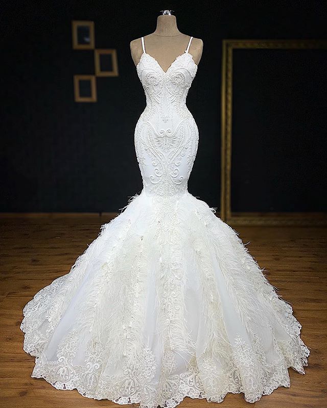 Gorgeous Spaghetti Straps Feather Appliques Mermaid Wedding Dresses-newarrivaldress