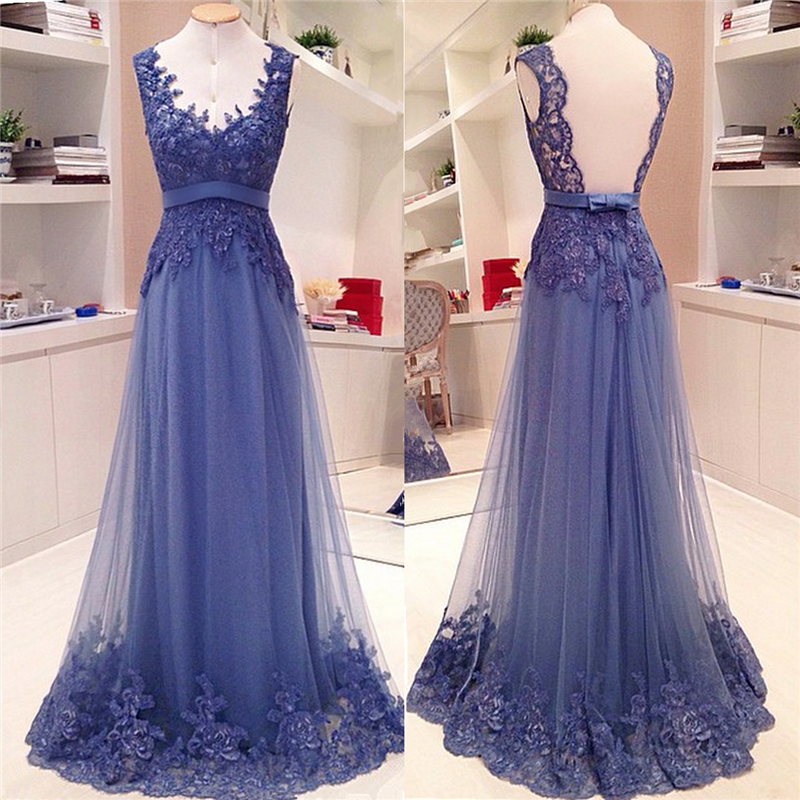 Lace Appliques Open Back Long Prom Dresses Custom Made A-line V neck Sash Bow Formal Evening Gowns-newarrivaldress
