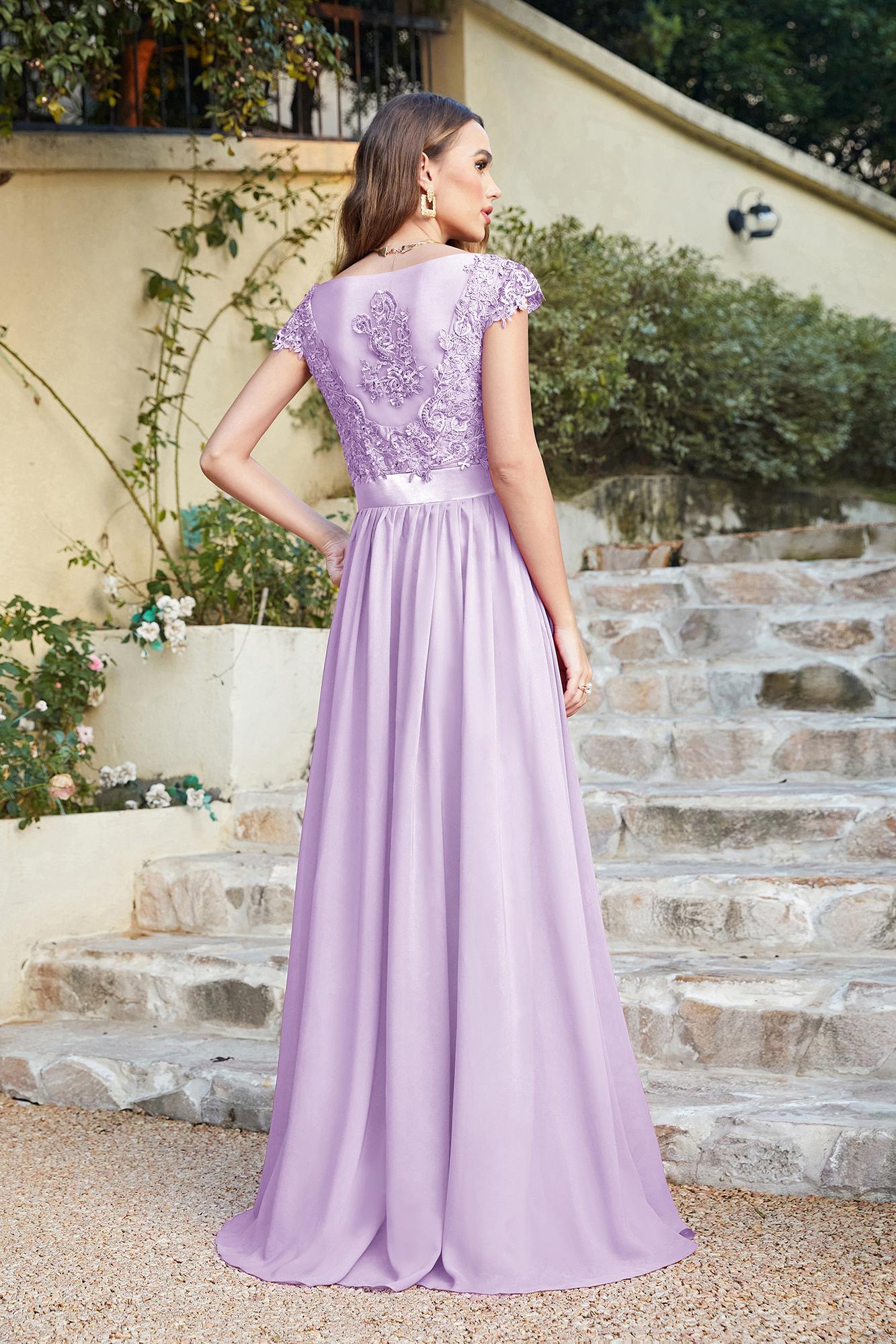 Chic Cap Sleeves Floral Lace Aline Long Evening Dresses Beadings Floor Length Chiffon Bridesmaid Dresses-newarrivaldress