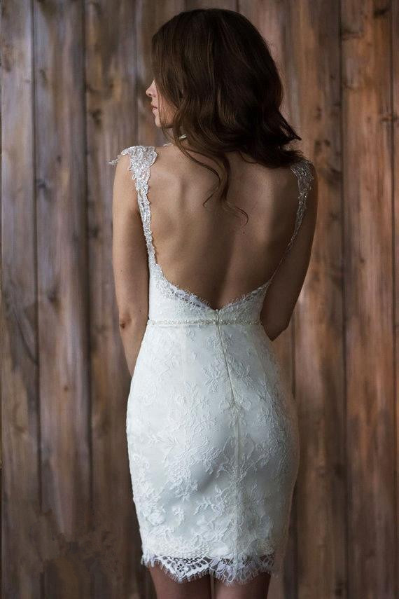 Cap Sleeve Sexy V-neck Crystals Detachable Tulle Overskirt Wedding Dresses-newarrivaldress