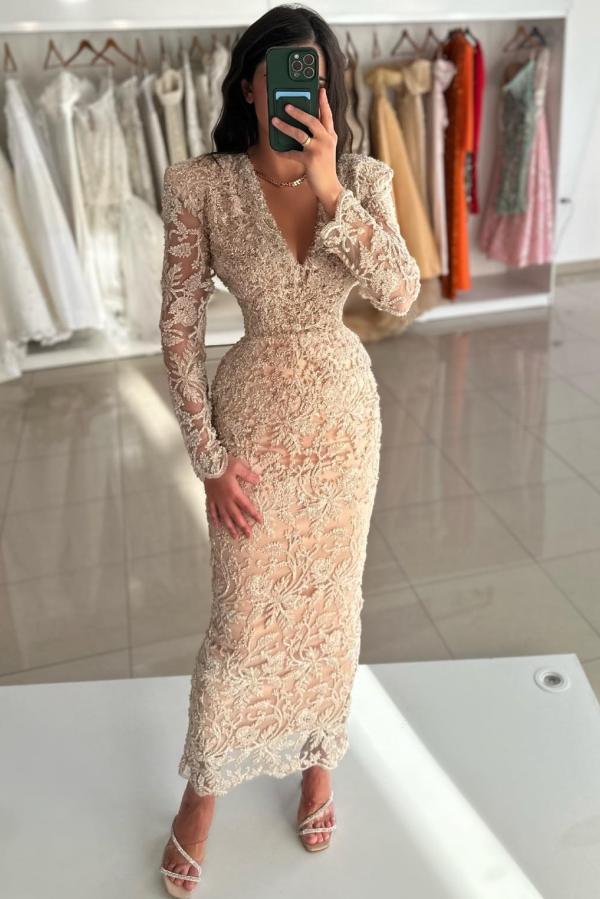 Stunning Floral Lace Tea Length Special Occasion Dress Long Sleeves-newarrivaldress