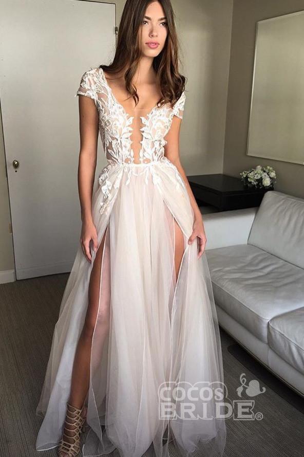 Sexy Cap Sleeve Deep V-neck With Appliques Split Tulle Wedding Dress-newarrivaldress